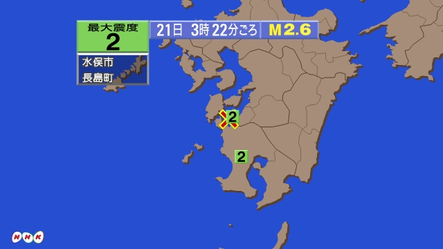 2時34分ごろ、Ｍ２．５　鹿児島県薩摩地方 北緯32.2度　東経