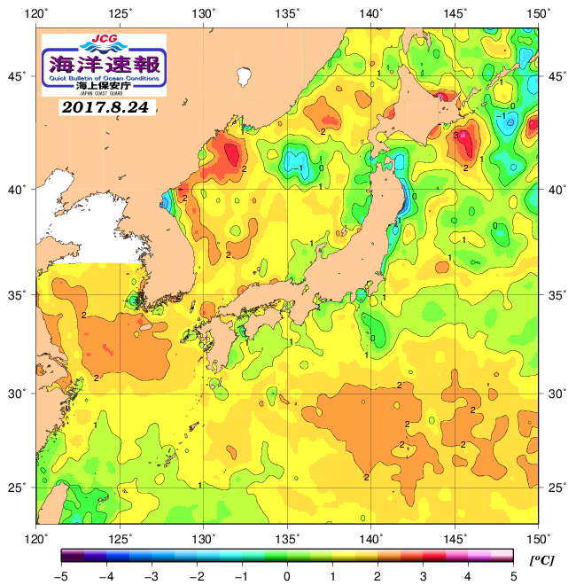 ８月２４日の、海水表面温度（平年比）、 http://www1.
