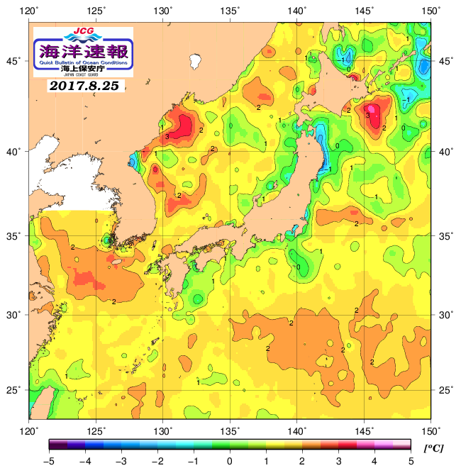 ８月２５日の、海水表面温度（平年比）、 http://www1.