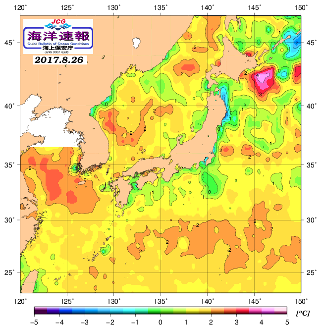 ８月２６日の、海水表面温度（平年比）、 http://www1.