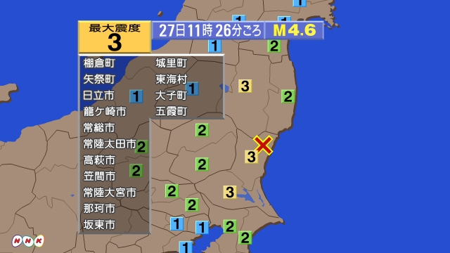 11時26分ごろ、Ｍ４．６　茨城県北部 北緯36.7度　東経14