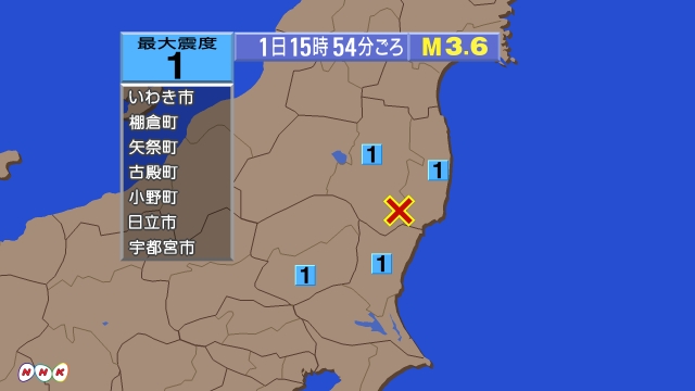15時54分ごろ、Ｍ３．６　福島県浜通り 北緯37.0度　東経1