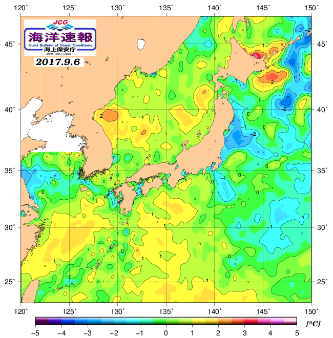 ９月６日の、海水表面温度（平年比）、 http://www1.k
