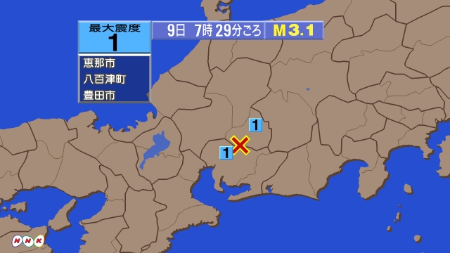 7時29分ごろ、Ｍ３．１　岐阜県美濃東部 北緯35.3度　東経1