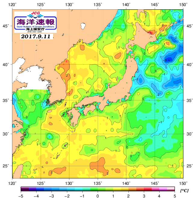 ９月１１日の、海水表面温度（平年比）、 http://www1.