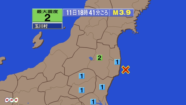 18時41分ごろ、Ｍ３．９　福島県沖 北緯37.1度　東経141