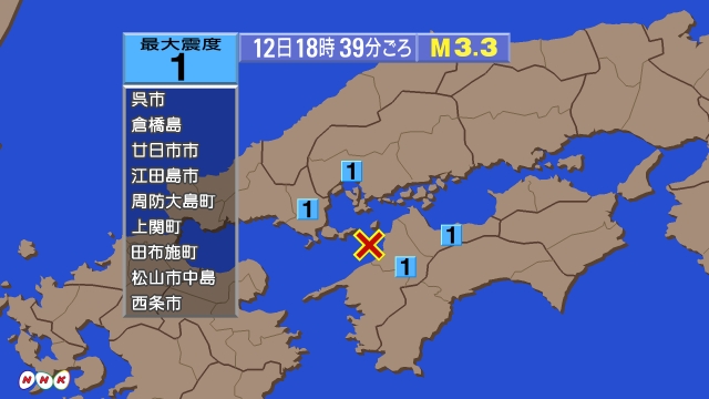 18時39分ごろ、Ｍ３．３　安芸灘 北緯33.8度　東経132.