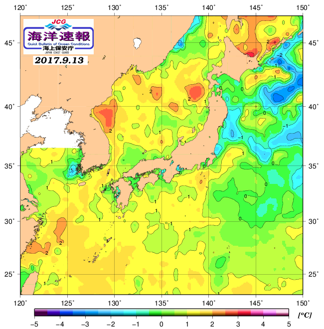 ９月１３日の、海水表面温度（平年比）、 http://www1.