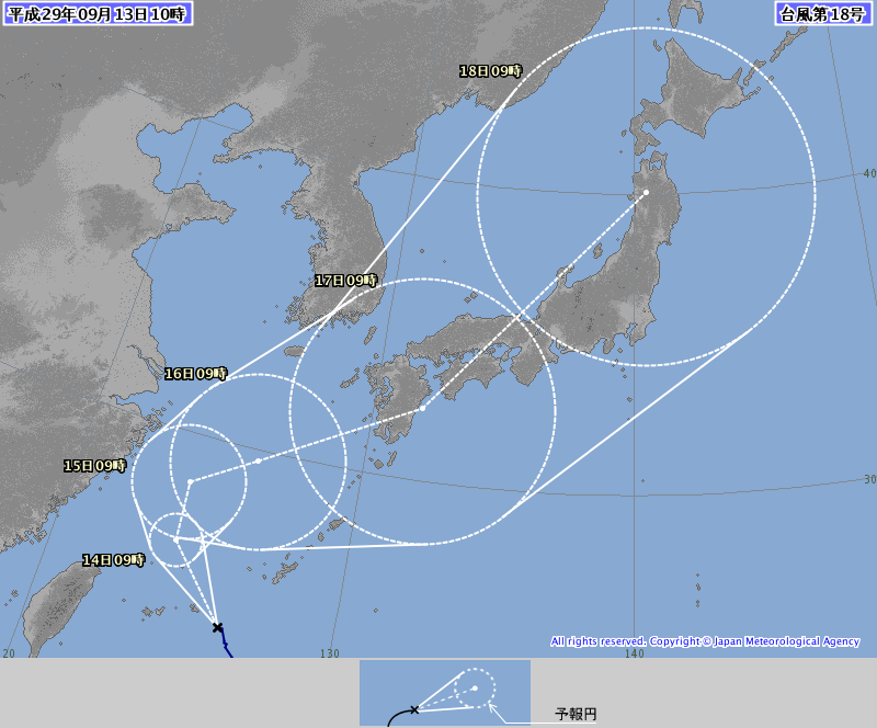 台風１８号の予想進路また大きく変わる、１７日九州東方沖（日向灘付