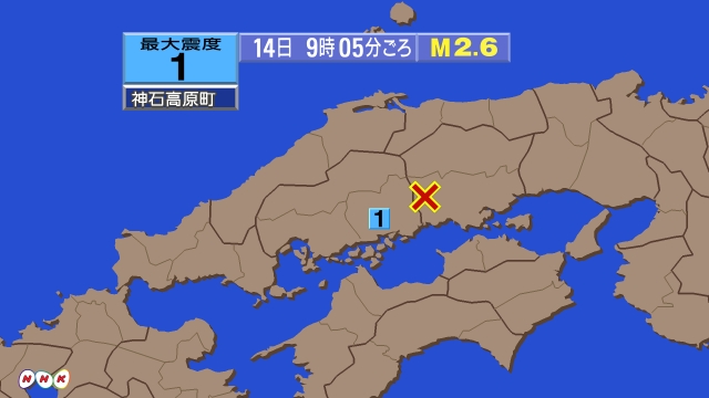 9時5分ごろ、Ｍ２．６　岡山県南部 北緯34.7度　東経133.