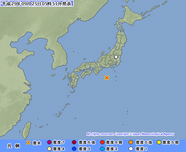5時46分ごろ、Ｍ４．１　東海道南方沖 北緯32.9度　東経13