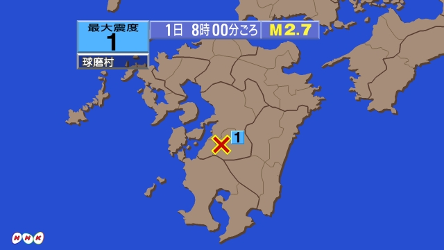 時00分ごろ、Ｍ２．７　熊本県球磨途方 北緯32.3度　東経13
