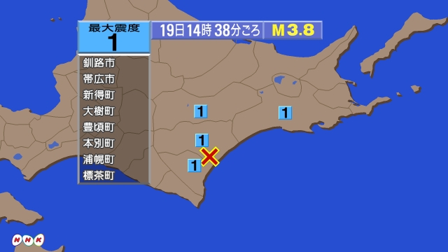 4時38分ごろ、Ｍ３．８　北海道十勝地方南部 北緯42.6度　東