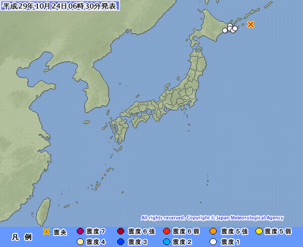 6時26分ごろ、Ｍ５．４　北海道東方沖 北緯43.8度　東経14
