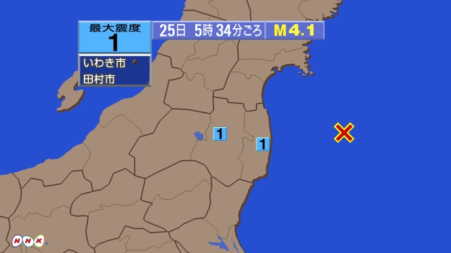5時34分ごろ、Ｍ４．１　福島県沖 北緯37.5度　東経142.