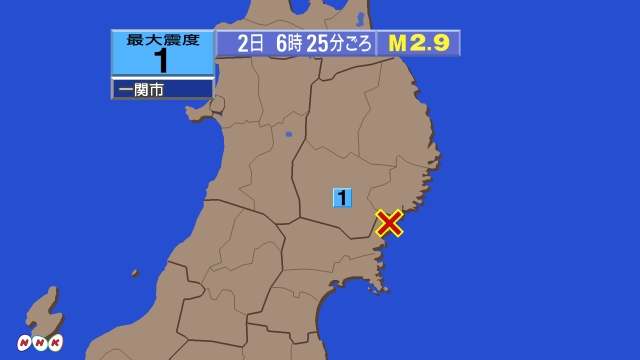 6時25分ごろ、Ｍ２．９　宮城県北部 北緯38.9度　東経141