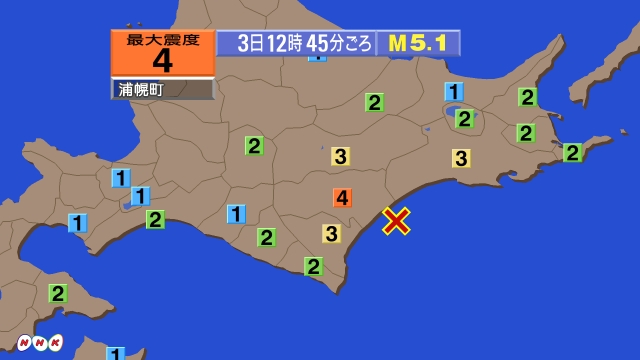 12時45分ごろ、Ｍ５．１　十勝沖 北緯42.6度　東経143.