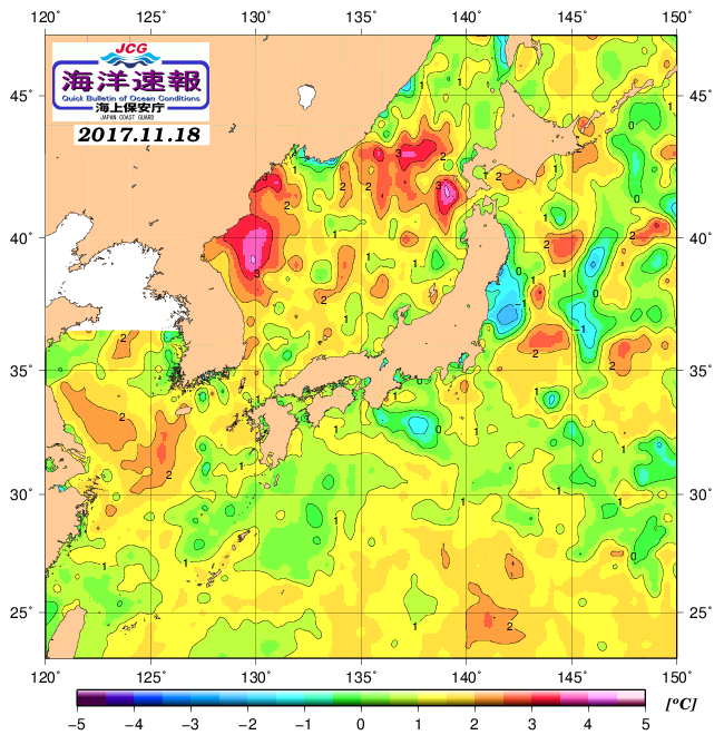 １１月１８日の、海水表面温度（平年比）、 http://www1