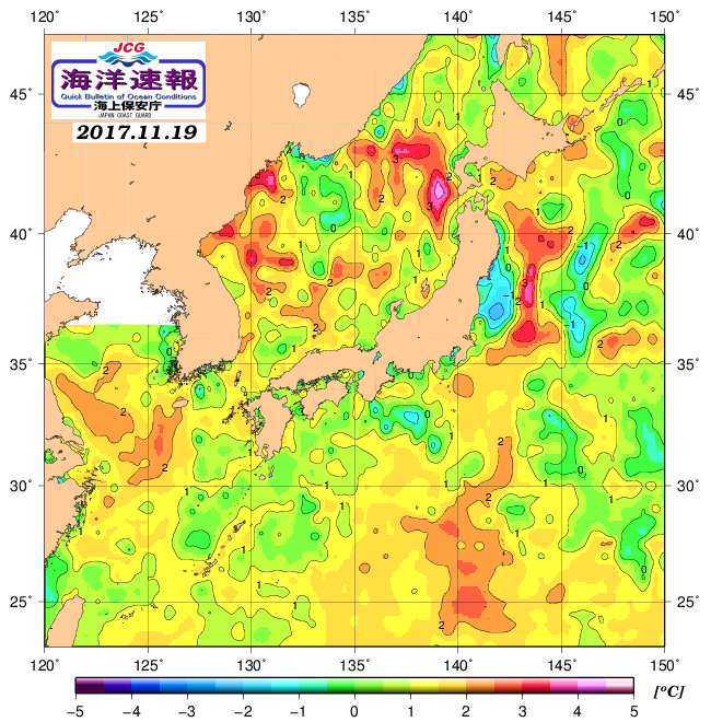 １１月１９日の、海水表面温度（平年比）、 http://www1