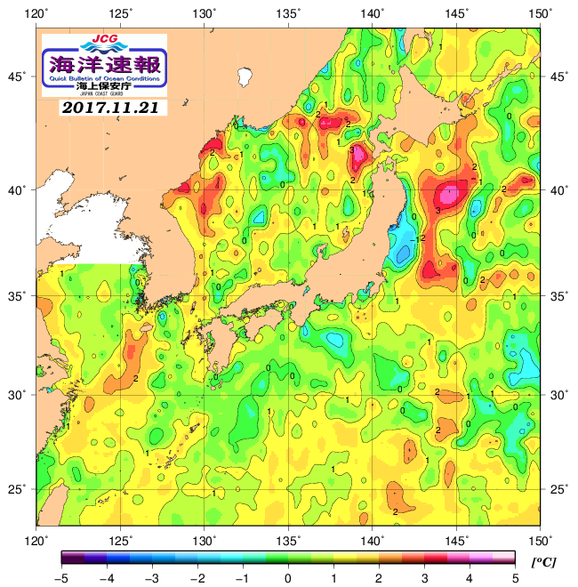 １１月２１日の、海水表面温度（平年比）、 https://wea