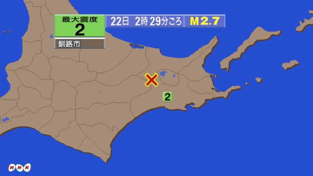 2時29分ごろ、Ｍ２．７　北海道釧路地方中南部 北緯43.5度　