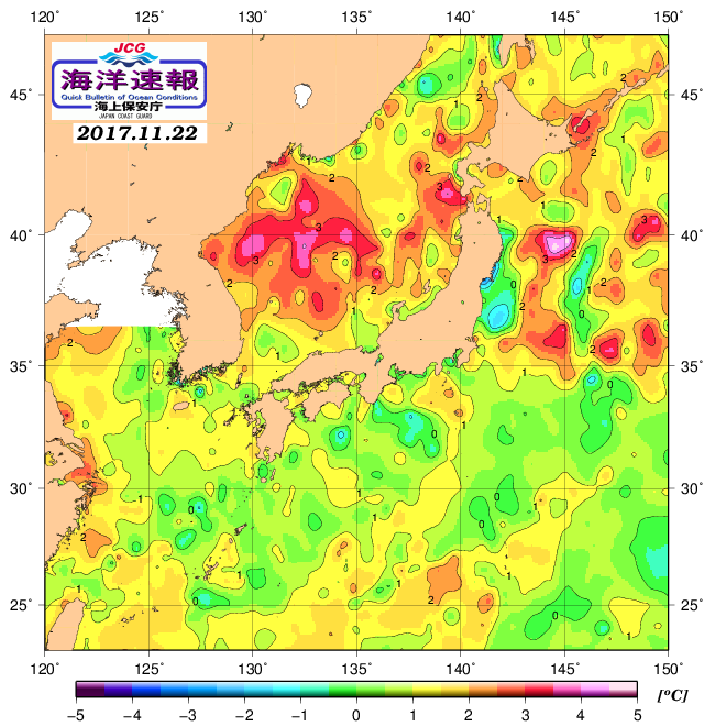 １１月２２日の、海水表面温度（平年比）、 http://www1