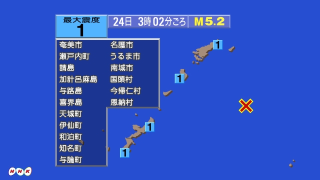 3時2分ごろ、Ｍ５．２　奄美大島近海 北緯27.1度　東経130