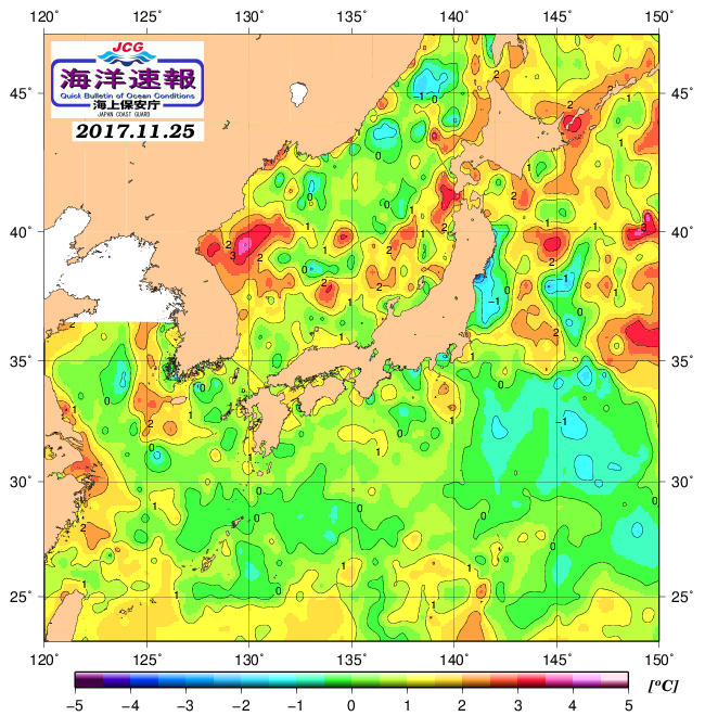 １１月２５日の、海水表面温度（平年比）、 http://www1