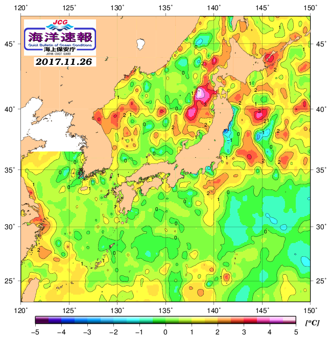 １１月２６日の、海水表面温度（平年比）、 http://www1