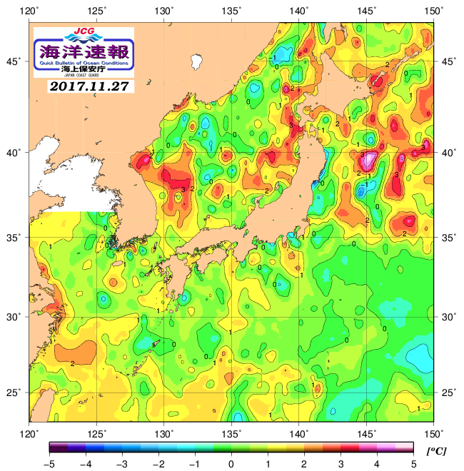 １１月２７日の、海水表面温度（平年比）、 http://www1