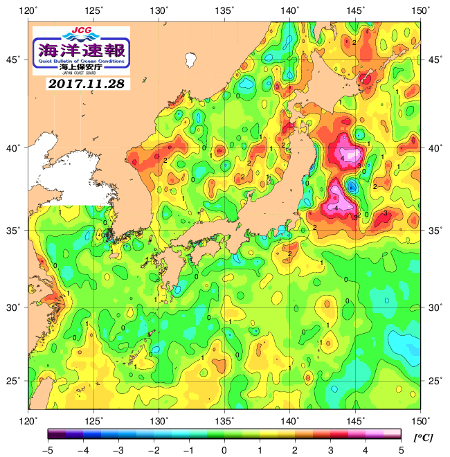 １１月２８日の、海水表面温度（平年比）、 http://www1