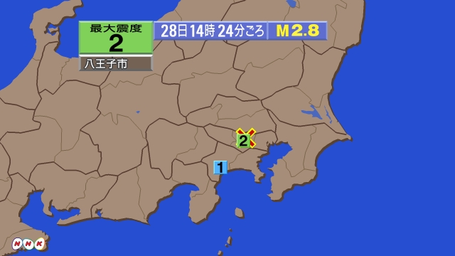 14時24分ごろ、Ｍ２．８　東京都多摩東部 北緯35.7度　東経