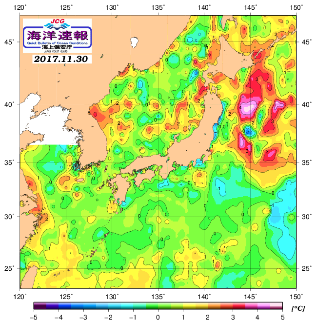 １１月３０日の、海水表面温度（平年比）、 http://www1