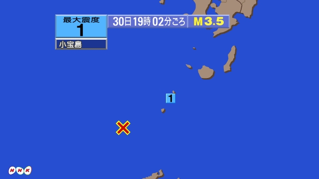 19時2分ごろ、Ｍ３．５　トカラ列島近海 北緯29.3度　東経1