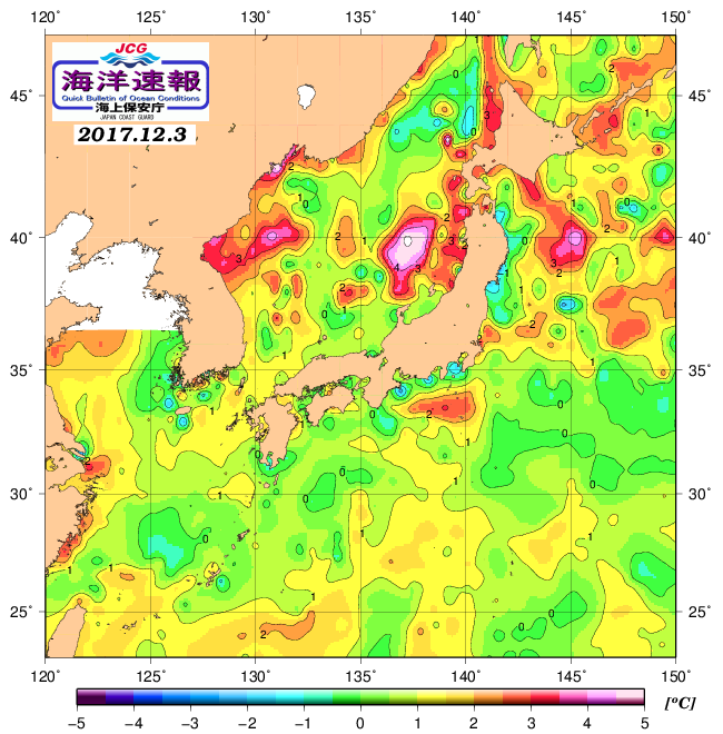 １２月３日の、海水表面温度（平年比）、 http://www1.