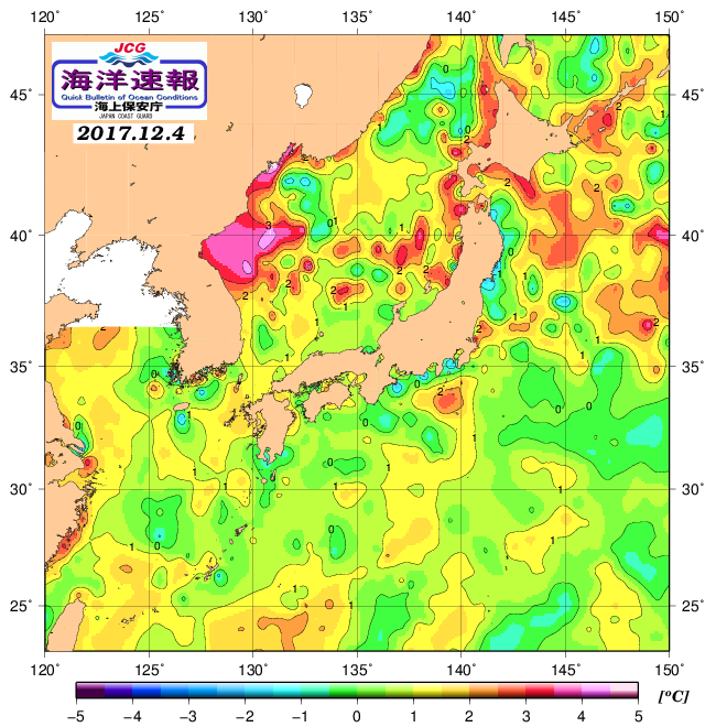 １２月４日の、海水表面温度（平年比）、 http://www1.