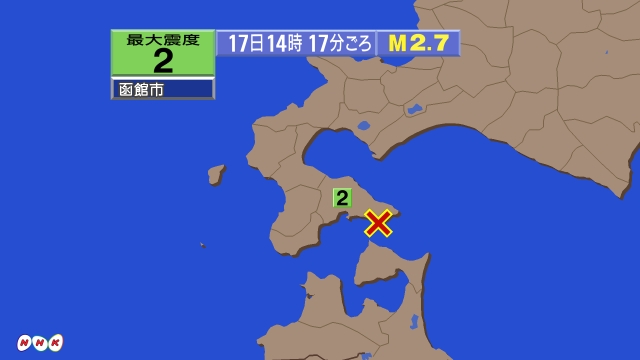14時17分ごろ、Ｍ２．７　津軽海峡 北緯41.7度　東経141