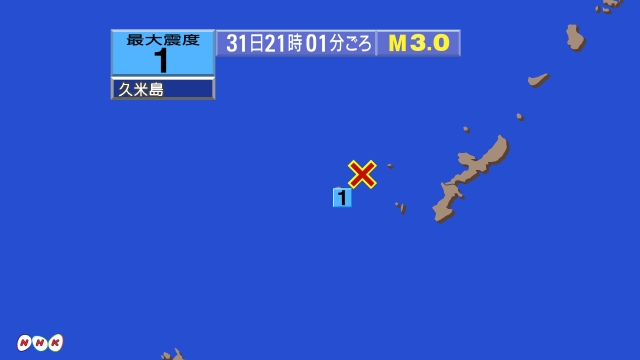 21時1分ごろ、Ｍ３．０　沖縄本島近海 北緯26.5度　東経12