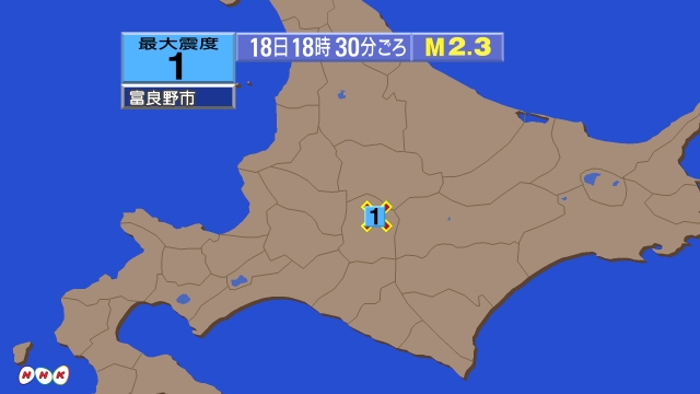 18時30分ごろ、Ｍ２．３　北海道上川地方南部 北緯43.3度　