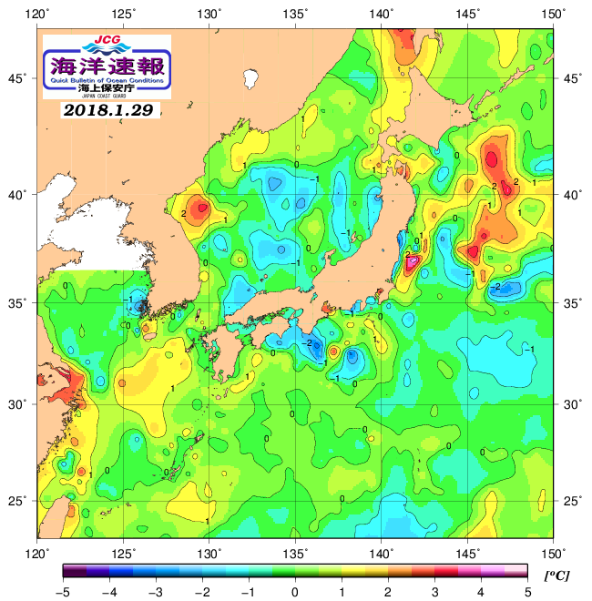 １月２９日の、海水表面温度（平年比）、 http://www1.