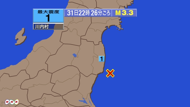 22時26分ごろ、Ｍ３．３　福島県沖 北緯36.9度　東経141