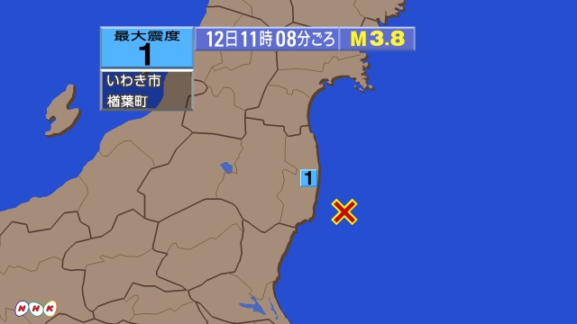 11時8分ごろ、Ｍ３．８　福島県沖 北緯37.0度　東経141.