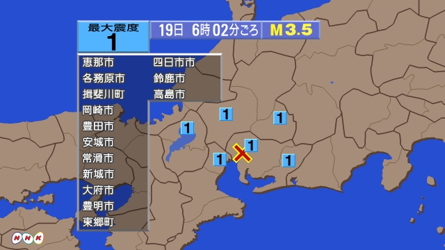 6時2分ごろ、Ｍ３．５　愛知県西部 北緯35.1度　東経136.