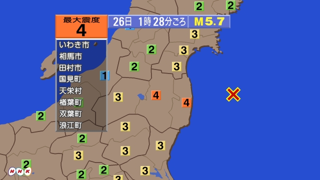 1時28分ごろ、Ｍ５．７　福島県沖 北緯37.5度　東経141.