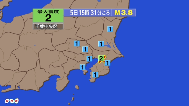15時31分ごろ、Ｍ３．８　千葉県北西部 北緯35.6度　東経1