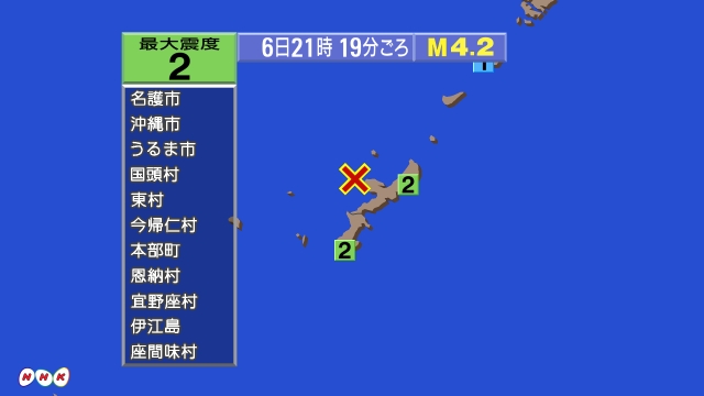 21時19分ごろ、Ｍ４．２　沖縄本島近海 北緯26.7度　東経1