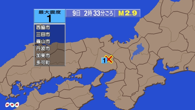 2時33分ごろ、Ｍ２．９　兵庫県南東部 北緯35.0度　東経13