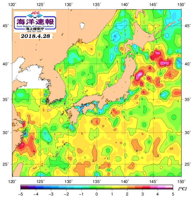 ４月２８日の、海水表面温度（平年比）、 http://www1.