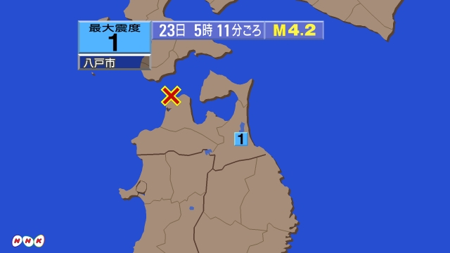 5時11分ごろ、Ｍ４．２　青森県津軽北部 北緯41.2度　東経1