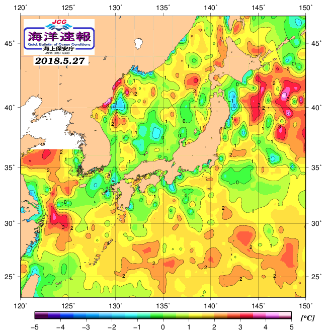 ５月２７日の、海水表面温度（平年比）、 http://www1.